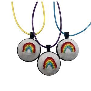 Handmade Rainbow Embroidery Necklace in 1” Round Bezel